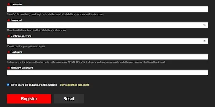 okgames registration form on the website, showing sign-up fields and promo code entry.